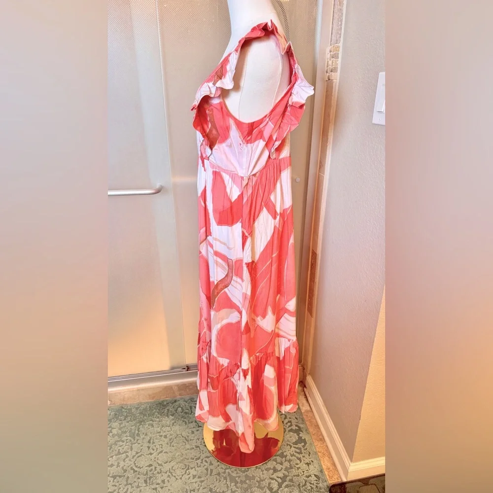 PETAL & PUP Ruffle Sleeve Vibrant Coral & White Tiered Maxi Dress